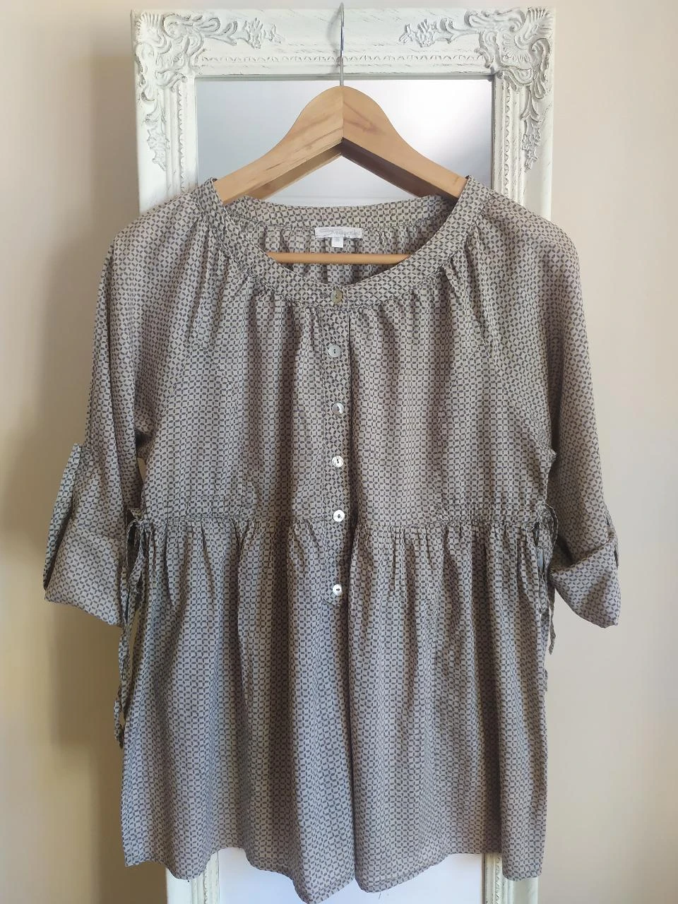 Straboski 100% Cotton Boho Geometric Peplum Blouse M 38 Adjustable Sleeves